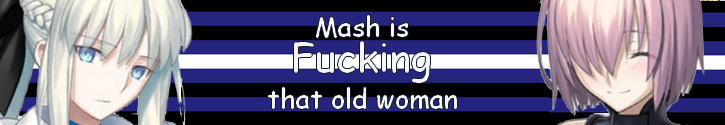 A banner with Morgan's sprite on the left and Mash's sprite on the right. The background is the colors of the leather pride flag. The text reads 'Mash is fucking that old woman'